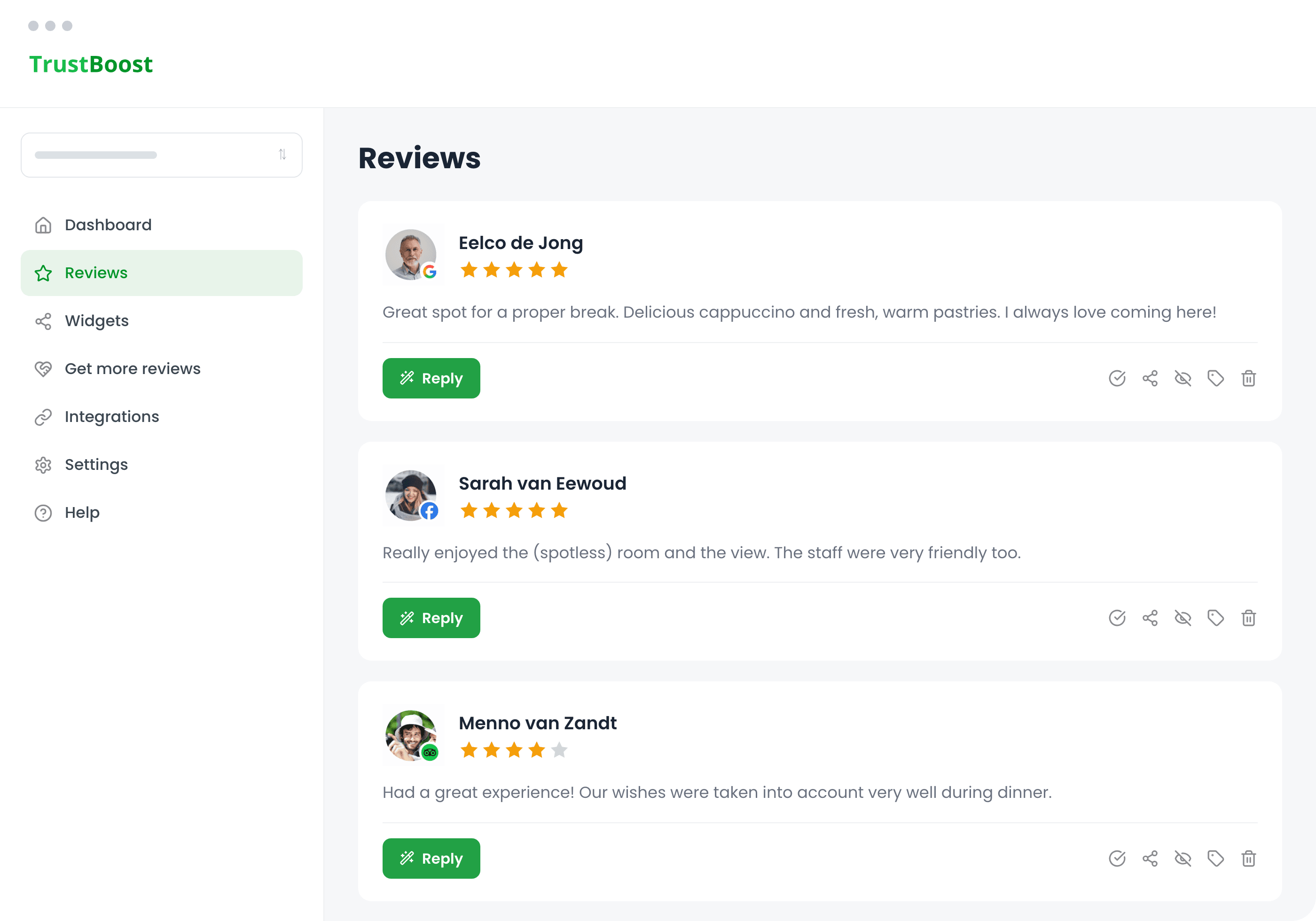 The TrustBoost dashboard with incoming reviews and replies