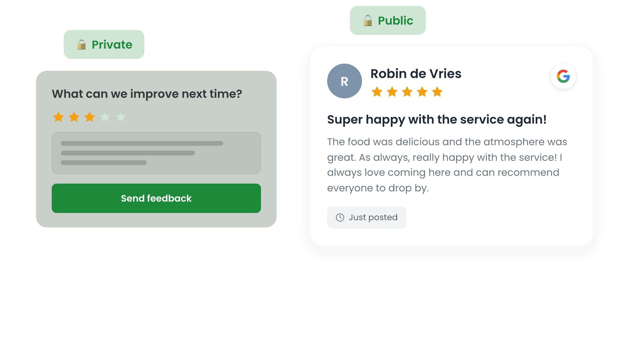 Smart filtering: unhappy customers give private feedback, happy customers post a public review on Google